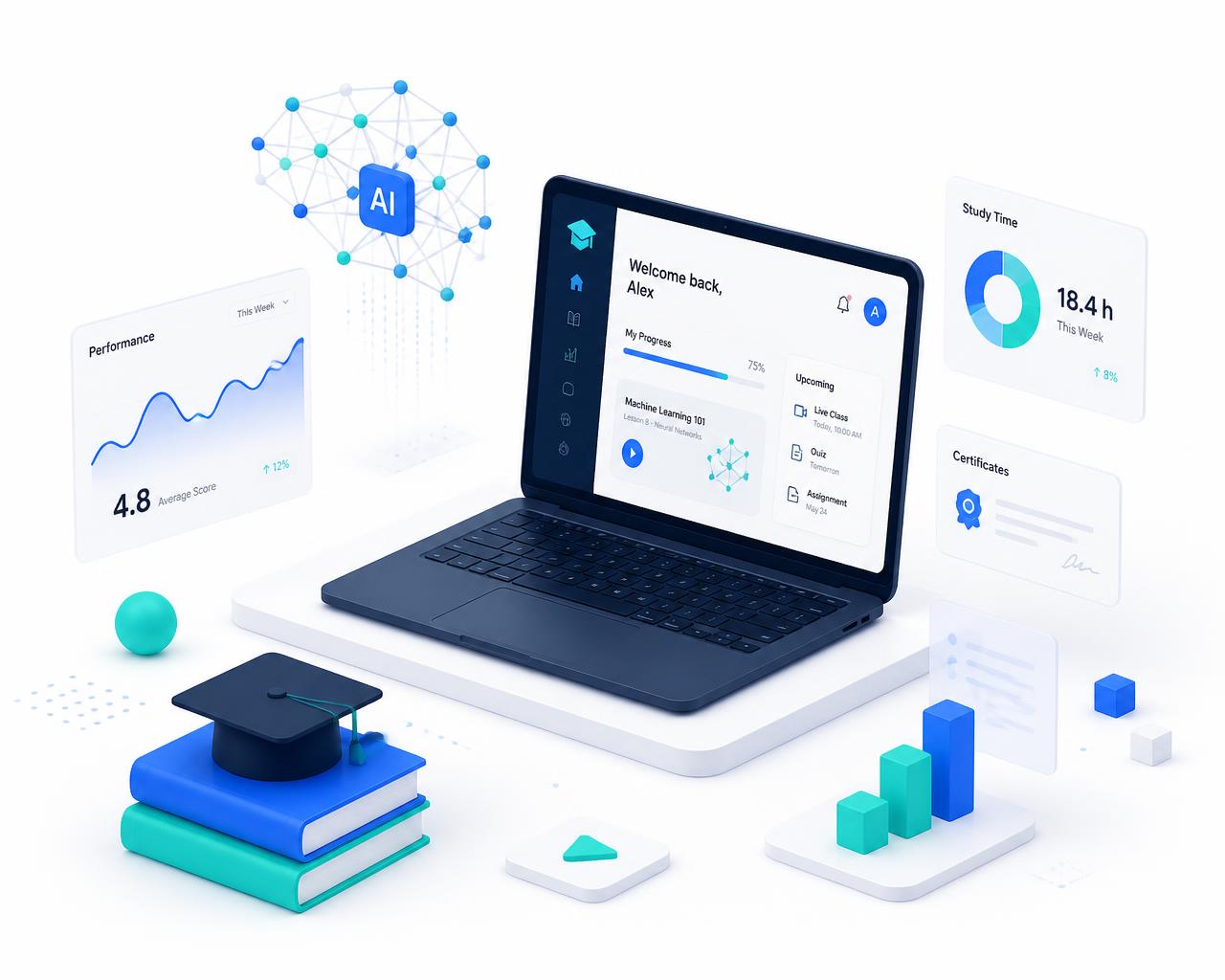 Ilustração de uma plataforma de educação online com painéis de progresso, gráficos e inteligência artificial